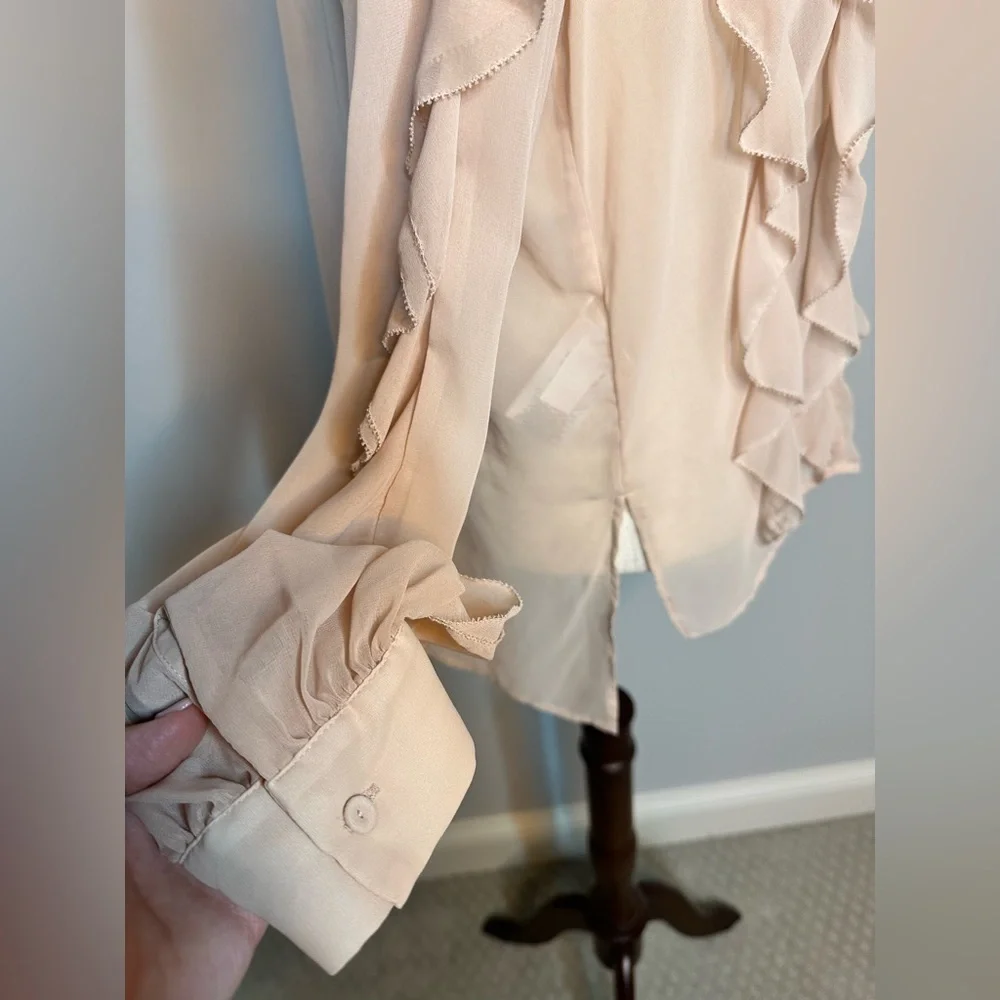 Sz M BCBG Maxazria blush pink ruffled long sleeve key hole sheer blouse